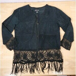 Robert Louis Black Suede Jacket Women's Sz L Patch Fringe Crochet Boho Chic